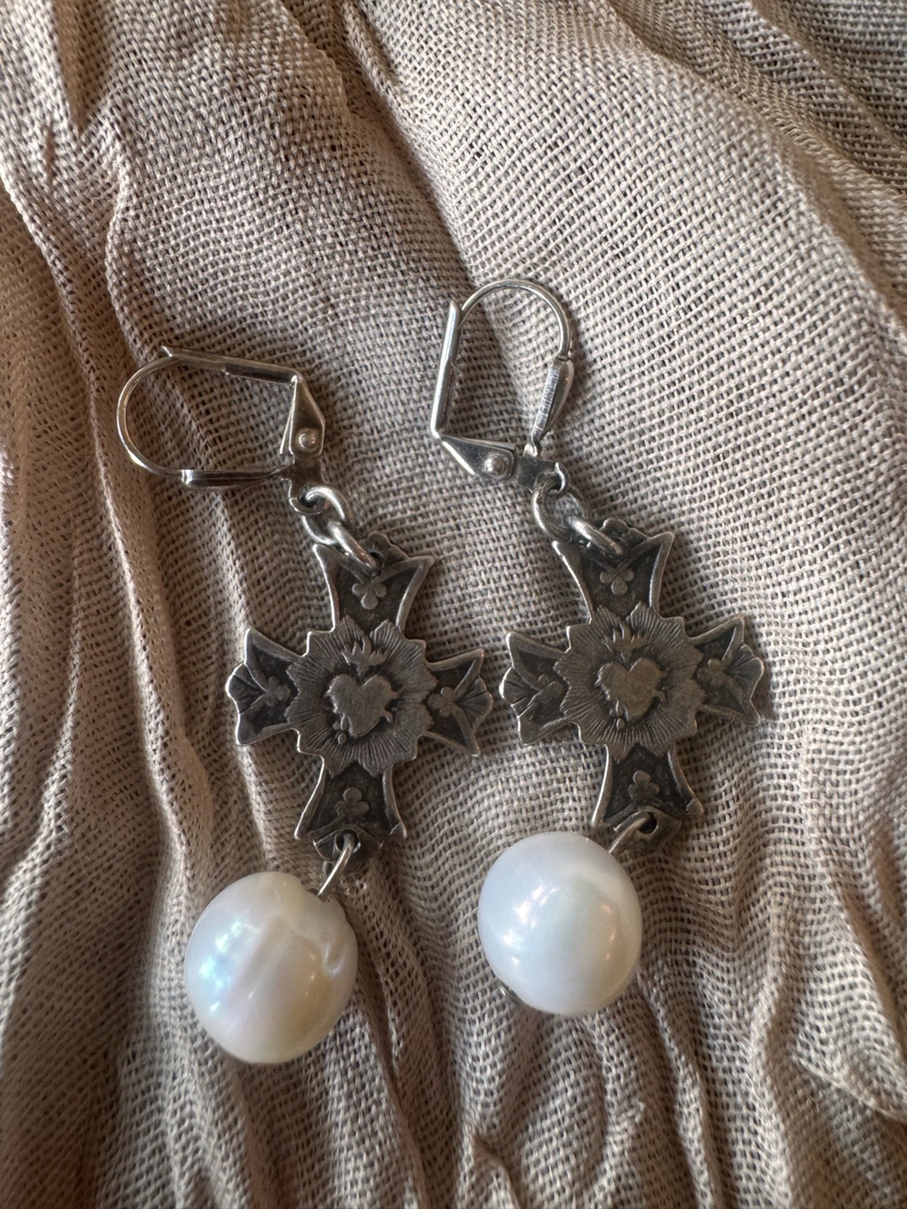 French Kande pearl cross earrings